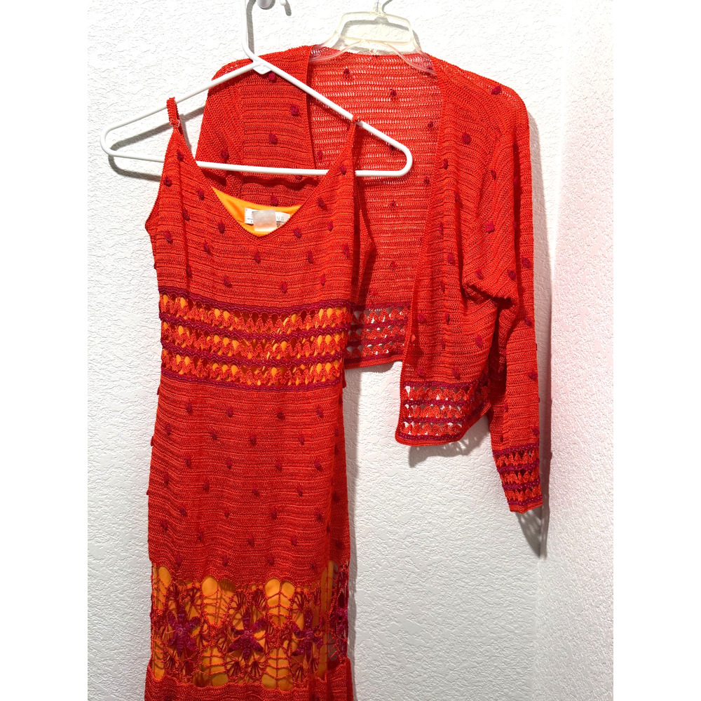 Vintage Sue Wong Granny Crochet Knit Spaghetti Midi Dress L w Jacket Orange
